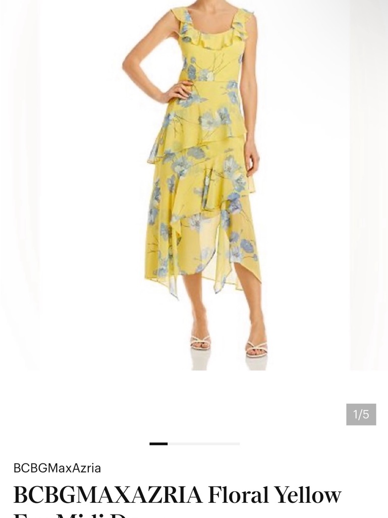 Bcbgmaxazria Yellow Floral Ruffle Midi Dress